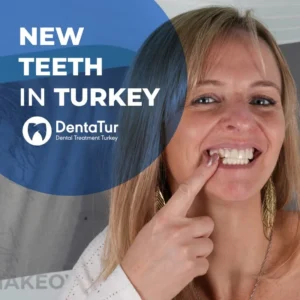 Smiling woman showing her new zirconium crowns after dental treatment in Turkey