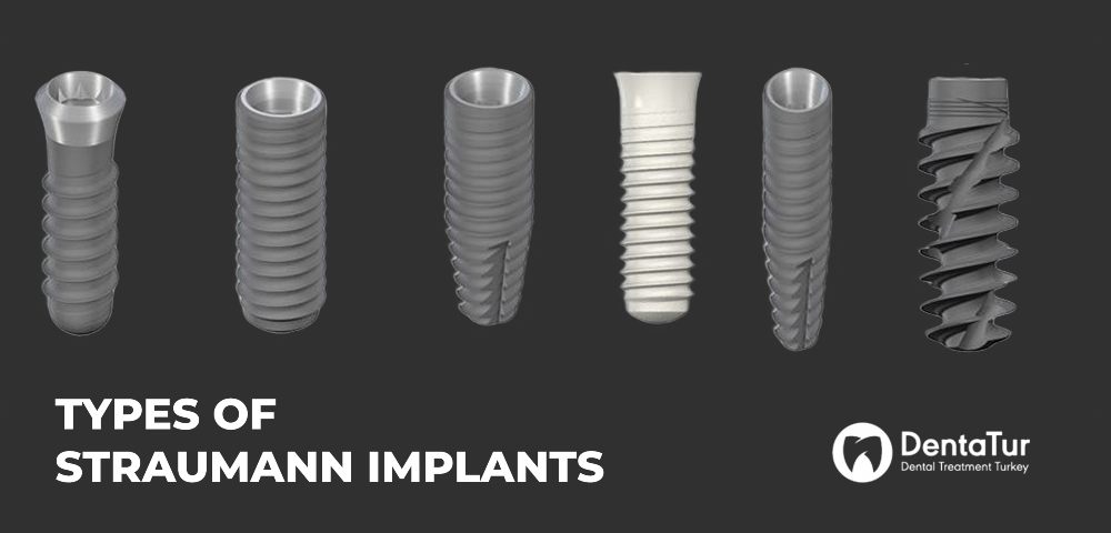 Several types, shapes, and sizes of Straumann dental implants displayed in a row. Below: the title "Types of Straumann implants" with the Dentatur logo next to it.