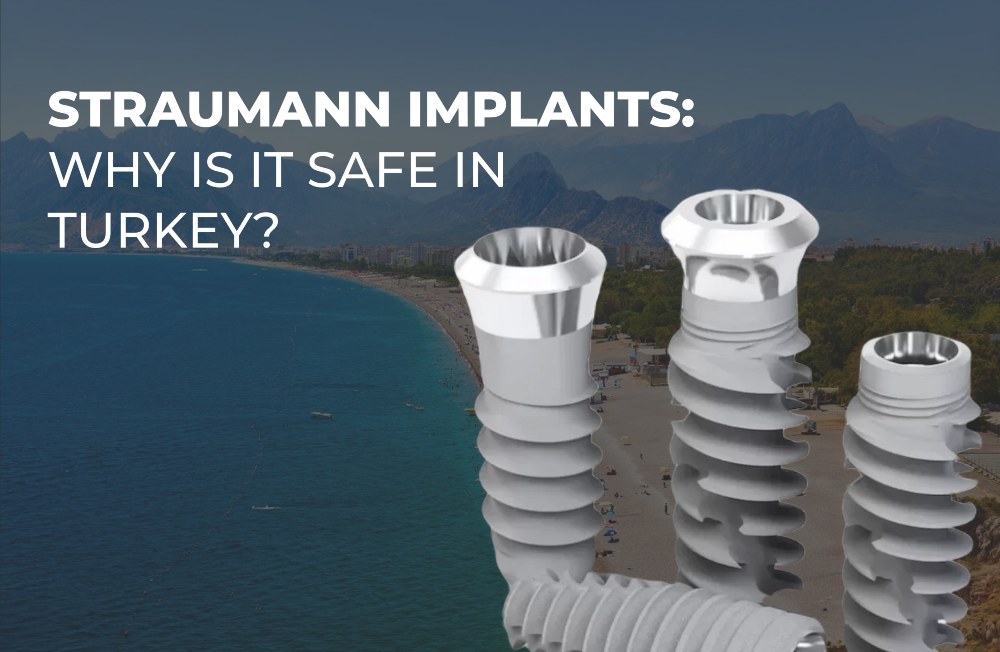 Close-up of Straumann dental implants with the Antalya coastline in the background. Text above: "Straumann implants: Why is it safe in Turkey?"